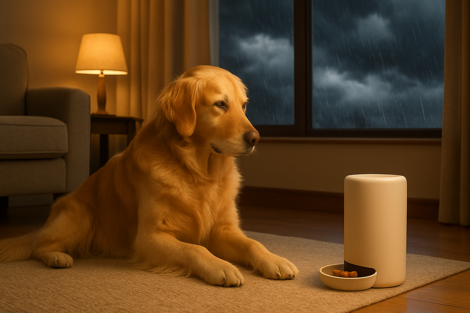 A calm golden retriever resting near the Pawvlov device as storm clouds gather outside