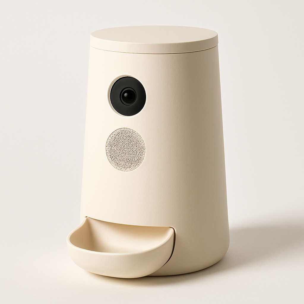 Pawvlov device studio render — 3/4 view showing camera, speaker grille, treat tray, and hopper lid